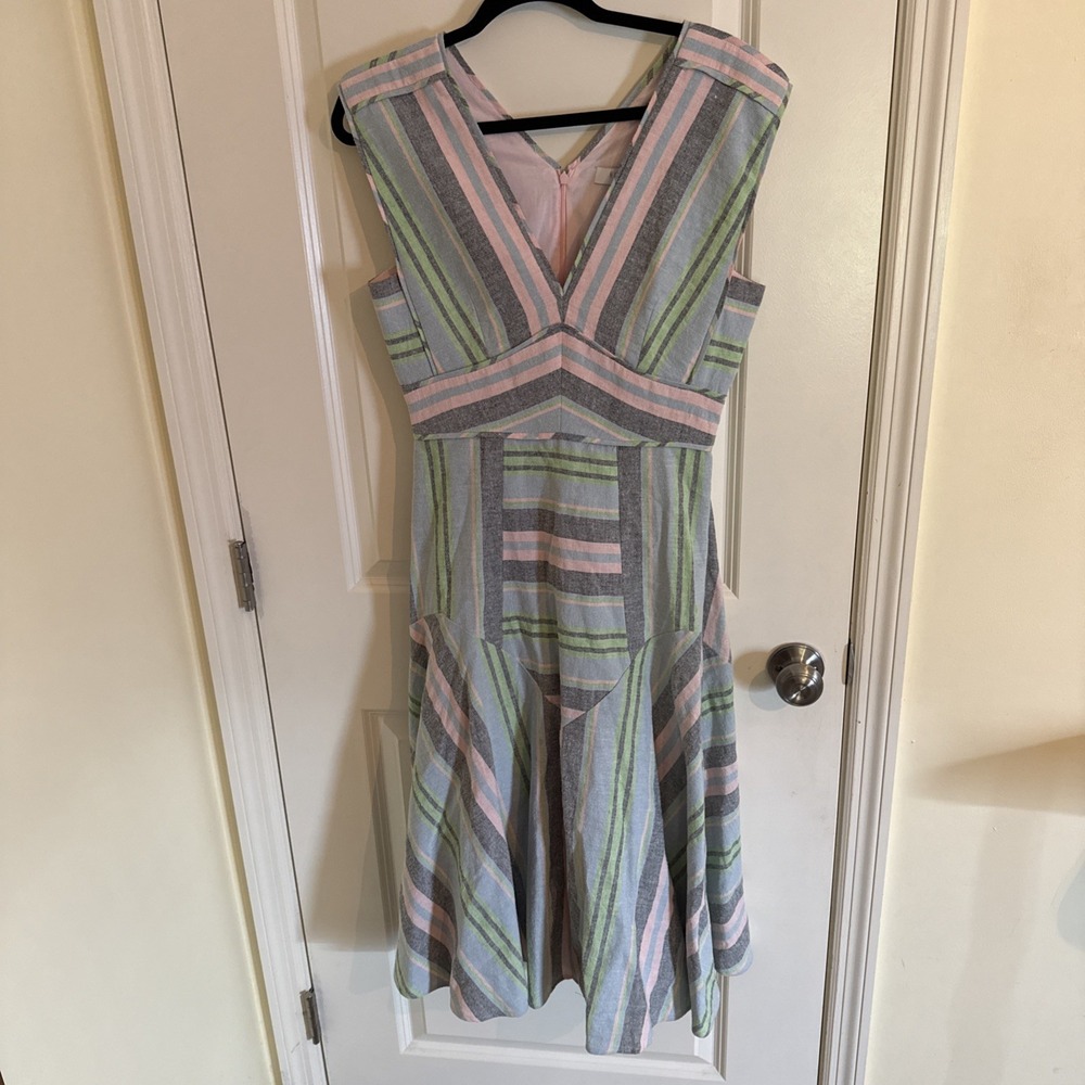 Hunter Bell Jordan Midi Dress Pastel Stripe Linen Cotton Size 6